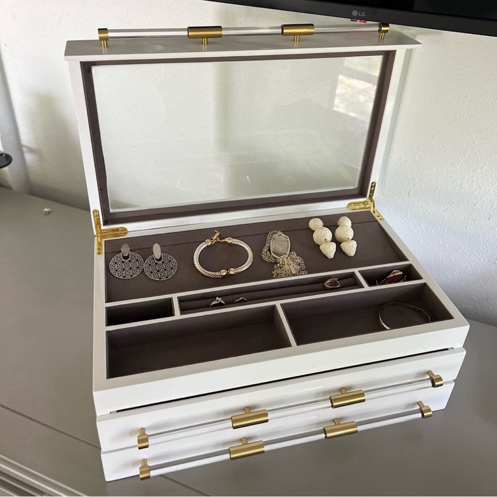 Large antique brass jewelry box in white lacquer